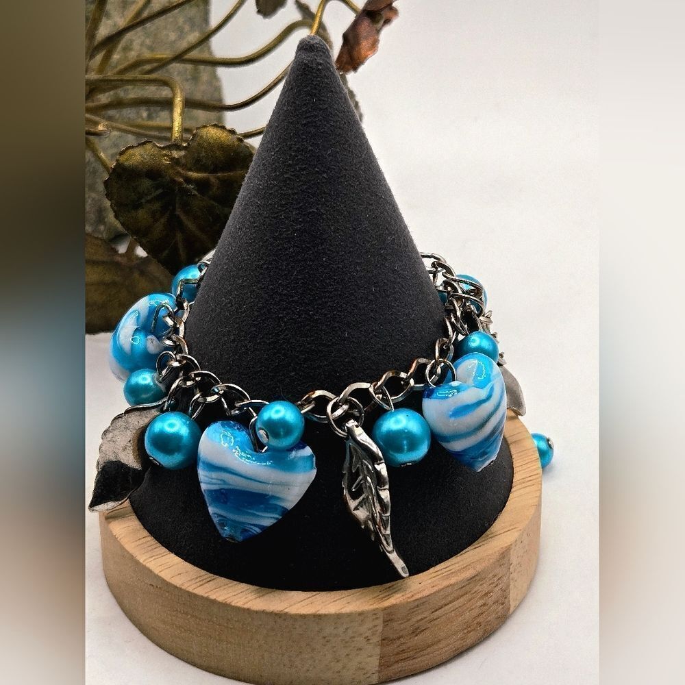 "5/$40" Turquoise Art Glass Bead Silvertone Charm Adjustable Bracelet